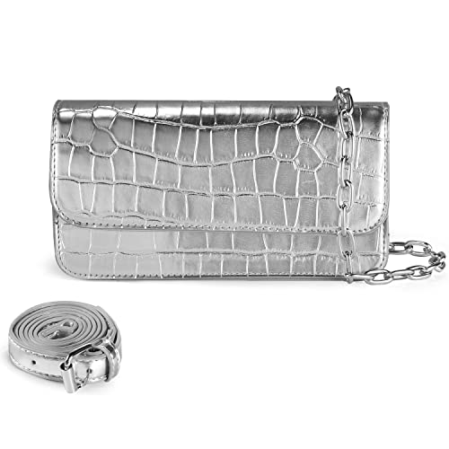 Crossbody Bags for Women, Evening Bag Clutch Purses for Women, Croc-embossed Faux Leather Bag with 2 Detachable Chain Straps, Small Purse for Women