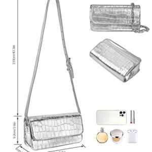 Crossbody Bags for Women, Evening Bag Clutch Purses for Women, Croc-embossed Faux Leather Bag with 2 Detachable Chain Straps, Small Purse for Women