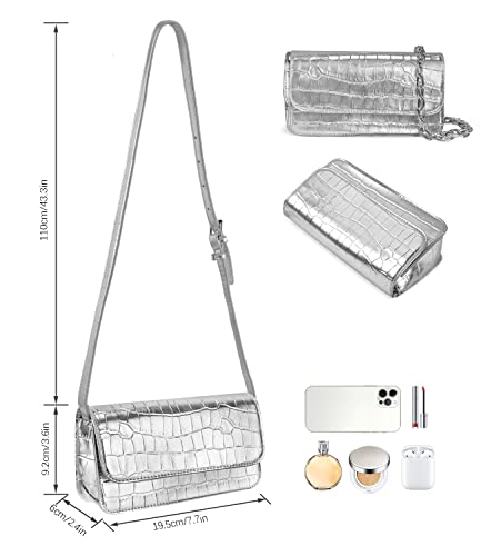 Crossbody Bags for Women, Evening Bag Clutch Purses for Women, Croc-embossed Faux Leather Bag with 2 Detachable Chain Straps, Small Purse for Women