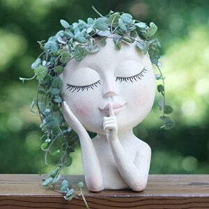 snugmaker face planter pots head planter, succulent planters, face flower pot head planter for indoor outdoor plants with drainage hole closed eyes(light)