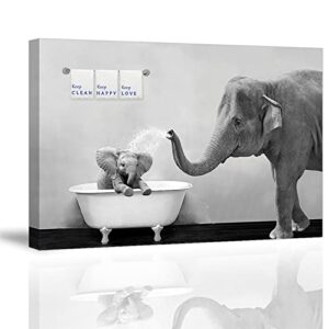 Piy Painting Elephant Bathroom Decor Wall Art, Funny Canvas Prints of Mother and Child Playing Water in Bath Crock, Warm Bathtub Picture with Keep Clean, Keep Happy, Keep Love Words Motivating Kids.