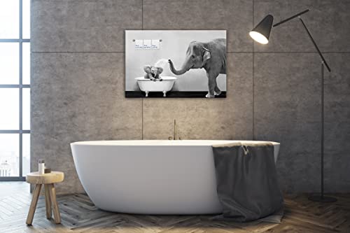 Piy Painting Elephant Bathroom Decor Wall Art, Funny Canvas Prints of Mother and Child Playing Water in Bath Crock, Warm Bathtub Picture with Keep Clean, Keep Happy, Keep Love Words Motivating Kids.