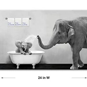 Piy Painting Elephant Bathroom Decor Wall Art, Funny Canvas Prints of Mother and Child Playing Water in Bath Crock, Warm Bathtub Picture with Keep Clean, Keep Happy, Keep Love Words Motivating Kids.