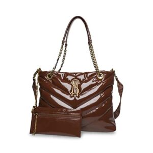 steve madden cameo-p patent tote, chocolate