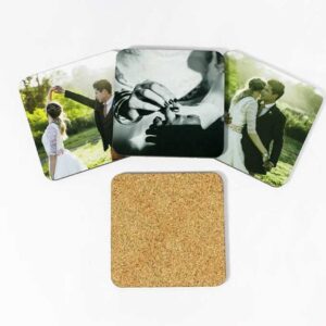 personalized, set of 4, picture, 3.75”x3.75” gloss white square coaster for drinks with cork back customized, custom photo gifts, dye