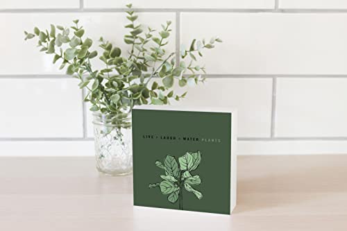 Green Fiddle Leaf Fig Tree, JoyRide Home Decor Wood Block Sign, 5"x5" Freestanding, Shelf or Wall Displayed, Artist Designed Home Décor.