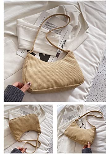 Women Corduroy Shoulder Bag Small Handbag Purse Casual Ladies Satchel Fashion Daily Tote Bag (Khaki)