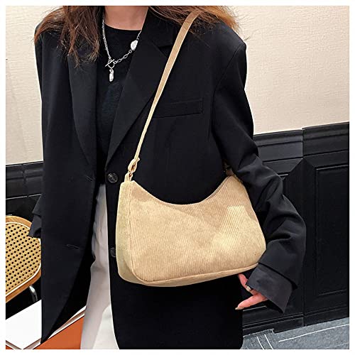 Women Corduroy Shoulder Bag Small Handbag Purse Casual Ladies Satchel Fashion Daily Tote Bag (Khaki)