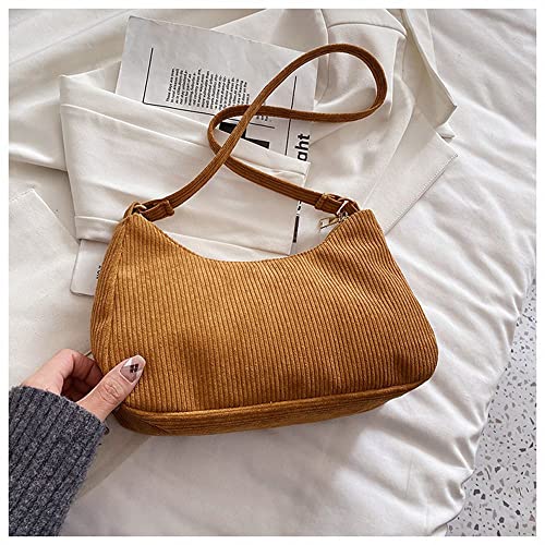 Women Corduroy Shoulder Bag Small Handbag Purse Casual Ladies Satchel Fashion Daily Tote Bag (Yellow)