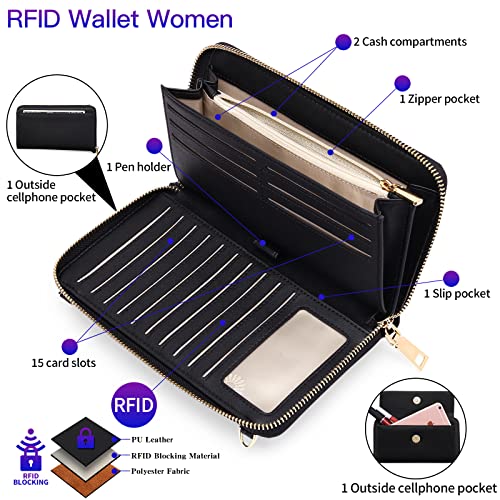 FALAN MULE RFID Womens Wallet Purse Wristlet PU Leather Crossbody Clutch with 2 Straps