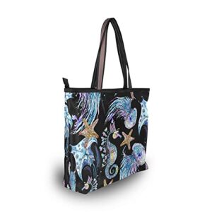 Tote Bag Art Jellyfish Starfish Seahorse Print, Large Capacity Zipper Women Grocery Bags Purse for Daily Life 2 Sizes