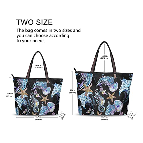 Tote Bag Art Jellyfish Starfish Seahorse Print, Large Capacity Zipper Women Grocery Bags Purse for Daily Life 2 Sizes