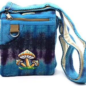 Himalaya Handmade Unique design Mushroom Embroidery Hemp Hobo Passport crossbody bag Festival Travel 100% Himalaya FAIR TRADE MADE Handmade with Love., Blue