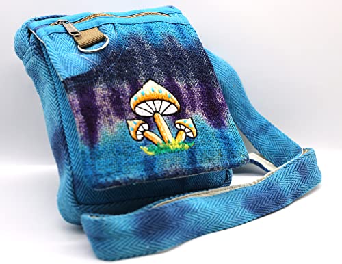 Himalaya Handmade Unique design Mushroom Embroidery Hemp Hobo Passport crossbody bag Festival Travel 100% Himalaya FAIR TRADE MADE Handmade with Love., Blue