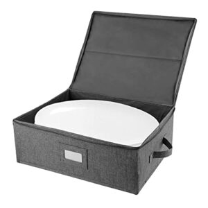 platter storage case, china storage containers hard shell 17″ x 13″ x 6″, 5 felt dividers included, structured top and stackable (linen grey)