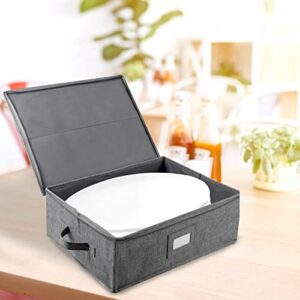 Platter Storage Case, China Storage Containers Hard Shell 17" x 13" x 6", 5 Felt Dividers Included, Structured Top and Stackable (Linen Grey)