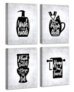bathroom wall decor | canvas wall art with wooden frames | funny toilet signs quotes wall decor | small bathroom pictures for wall | set of 4 | 8×10 inch(framed)