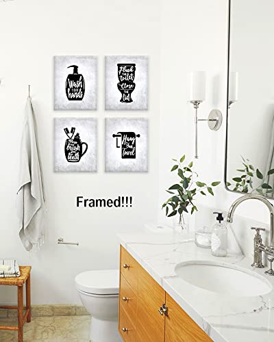 Bathroom Wall Decor | Canvas Wall Art with Wooden Frames | Funny Toilet Signs Quotes Wall Decor | Small Bathroom Pictures for Wall | Set of 4 | 8x10 inch(Framed)