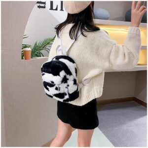 Fluffy Furry Mini Backpack Cow Print Plush Backpack Y2k Sherpa Shoulder Bag with Adjustable Straps (Black-Cow,10.2 * 4.7 * 8.7inch)