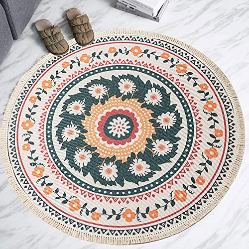 Miiciuib Boho Round Rugs, 3'x3' Round Bohemian Mandala Tassels Decor Carpet Woven Circle Mat for Kitchen Living Room Bedroom Bathroom