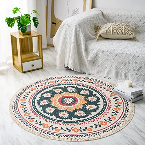 Miiciuib Boho Round Rugs, 3'x3' Round Bohemian Mandala Tassels Decor Carpet Woven Circle Mat for Kitchen Living Room Bedroom Bathroom