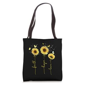 christian shirts for women sunflower tshirt faith hope love tote bag
