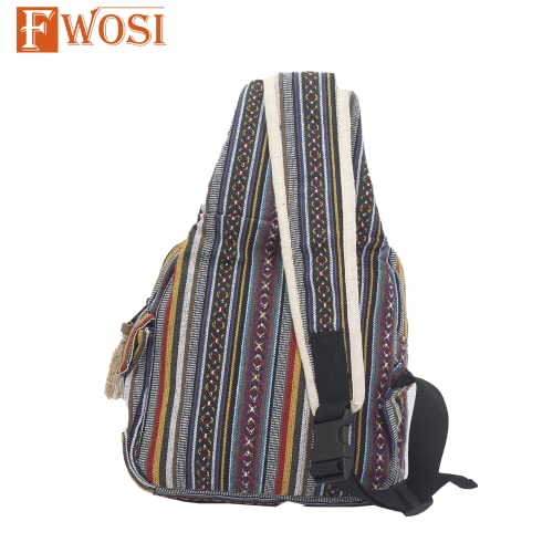 Fwosi Outdoor Crossbody Bag - Unisex Hemp Hippie Boho School Tote for Men & Women - Lightweight, Cotton, Side Shoulder Bags - 5 Compartments, Zipper Closure, Adjustable Strap - Handmade in Nepal