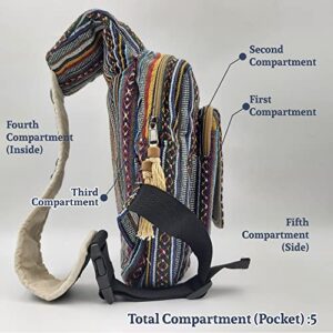 Fwosi Outdoor Crossbody Bag - Unisex Hemp Hippie Boho School Tote for Men & Women - Lightweight, Cotton, Side Shoulder Bags - 5 Compartments, Zipper Closure, Adjustable Strap - Handmade in Nepal