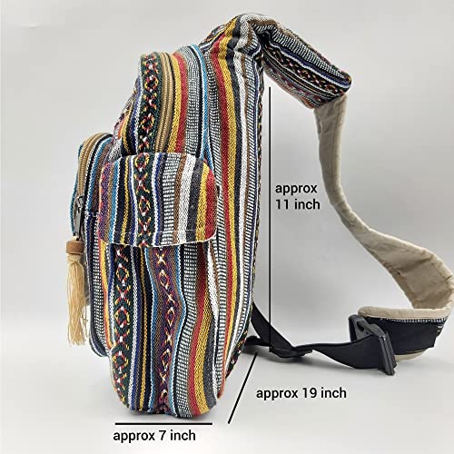 Fwosi Outdoor Crossbody Bag - Unisex Hemp Hippie Boho School Tote for Men & Women - Lightweight, Cotton, Side Shoulder Bags - 5 Compartments, Zipper Closure, Adjustable Strap - Handmade in Nepal