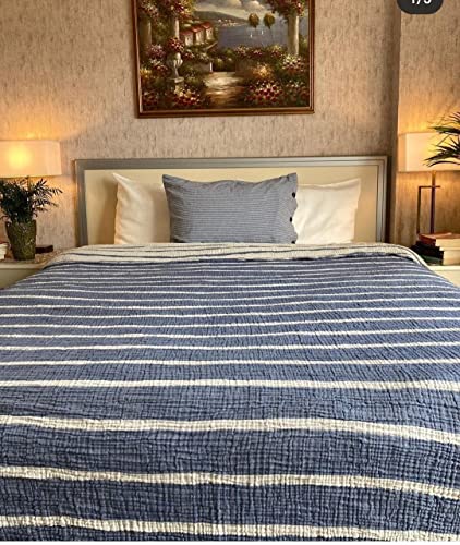 100% Cotton Muslin Throw Blanket, 4 Layers Bedspread, Soft Turkish Cotton Muslin Bed Cover, Reversible Coverlet, Indigo Blue (Throw 47x71-120x180cm)