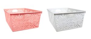 lsm colorful floral-pattern slotted plastic baskets set of 2,peach and gray,exclusively bundled with oggetto