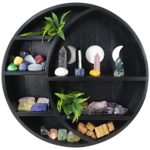 Crescent Moon Shelf Wall Decor - Black, Unique, Moon Shaped Floating Shelves for Crystal, Stones, Essential Oil Display Holder - Wooden Boho Wall Decor for Bedroom, Dorm, Living Room, Nursery