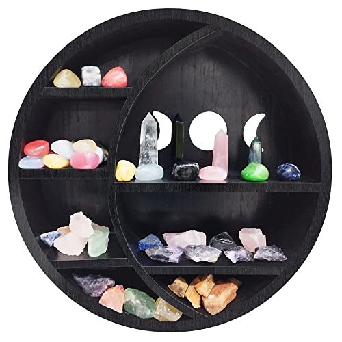 Crescent Moon Shelf Wall Decor - Black, Unique, Moon Shaped Floating Shelves for Crystal, Stones, Essential Oil Display Holder - Wooden Boho Wall Decor for Bedroom, Dorm, Living Room, Nursery