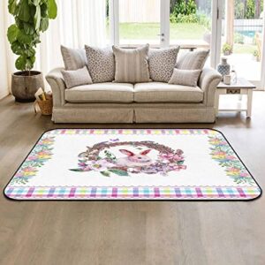 LBHAUSE Large Rectangle Area Rugs for Bedroom Living Room 4'x6', Happy Easter Area Carpet Non Slip Washable Floor Carpet Runner Throw Rug Dining Home Decor Bunny Spring Floral Wreath Plaid