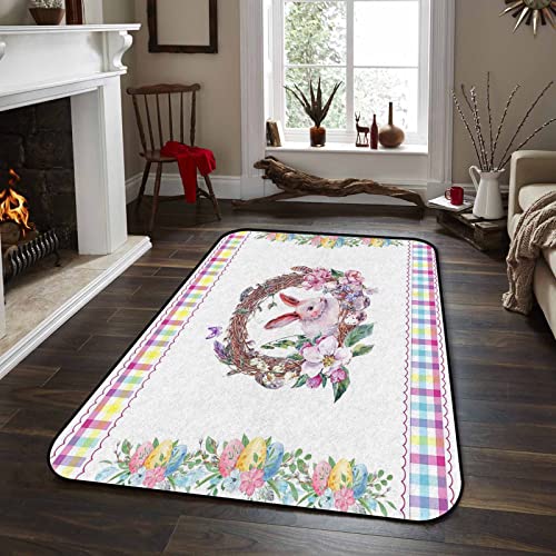 LBHAUSE Large Rectangle Area Rugs for Bedroom Living Room 4'x6', Happy Easter Area Carpet Non Slip Washable Floor Carpet Runner Throw Rug Dining Home Decor Bunny Spring Floral Wreath Plaid