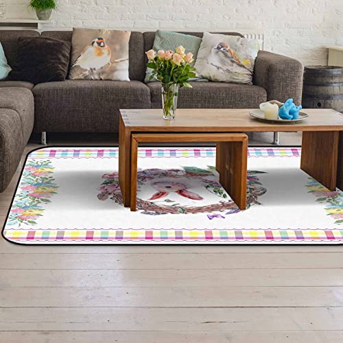 LBHAUSE Large Rectangle Area Rugs for Bedroom Living Room 4'x6', Happy Easter Area Carpet Non Slip Washable Floor Carpet Runner Throw Rug Dining Home Decor Bunny Spring Floral Wreath Plaid