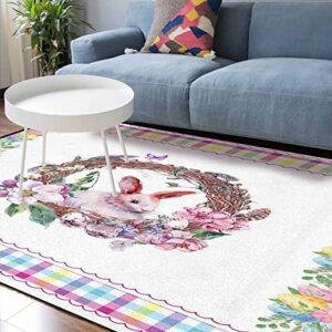 LBHAUSE Large Rectangle Area Rugs for Bedroom Living Room 4'x6', Happy Easter Area Carpet Non Slip Washable Floor Carpet Runner Throw Rug Dining Home Decor Bunny Spring Floral Wreath Plaid