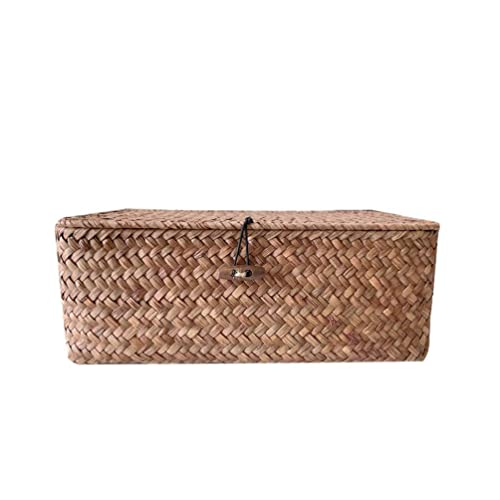 Rattan Storage Basket Hand-Woven Storage Basket Multipurpose Container with Lid for Desktop Home Decor (M)