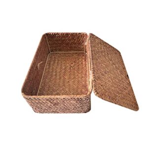 Rattan Storage Basket Hand-Woven Storage Basket Multipurpose Container with Lid for Desktop Home Decor (M)