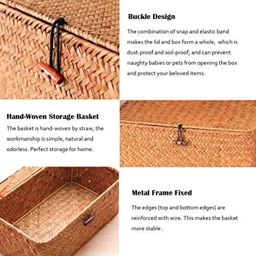 Rattan Storage Basket Hand-Woven Storage Basket Multipurpose Container with Lid for Desktop Home Decor (M)