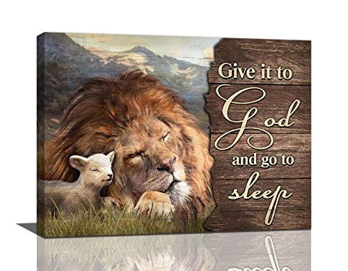 Bedroom Wall Decor Lion of Judah and Lamb Pictures Christian Gift Religious Canvas Wall Art Give it to God and Go to Sleep Sign Painting Prints Framed Artwork for Bathroom Living Room 12"x16"