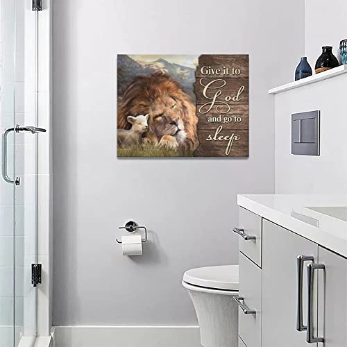 Bedroom Wall Decor Lion of Judah and Lamb Pictures Christian Gift Religious Canvas Wall Art Give it to God and Go to Sleep Sign Painting Prints Framed Artwork for Bathroom Living Room 12"x16"