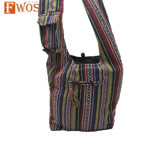 Fwosi Travel Crossbody Bag - Unisex Hippie Boho School Tote for Men & Women - Lightweight, Cotton, Side Shoulder Bags - 3 Compartments, Zipper Closure, Adjustable Strap - Handmade in Nepal