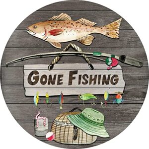 xiddxu round metal tin sign rustic wall decor fishing wreath sign,gone fishing sign metal round tin signs decor wall art posters gifts for door plaque home bars clubs cafes, 12×12 inch