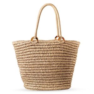 qtkj hand-woven soft large straw shoulder bag, beach tote beach bags for women, boho straw handle tote retro summer beach bag rattan handbag (brown)