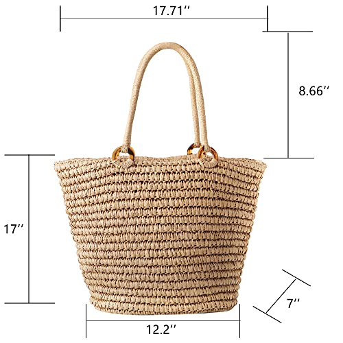 QTKJ Hand-woven Soft Large Straw Shoulder Bag, Beach Tote Beach Bags for Women, Boho Straw Handle Tote Retro Summer Beach Bag Rattan Handbag (Brown)