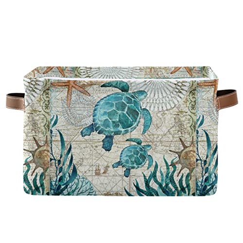 Large Storage Basket Vintage Ocean Sea Turtle Starfish Map Foldable Storage Box Organizer Bins with Handles for Bedroom Home Office