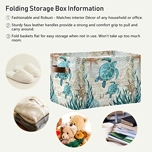 Large Storage Basket Vintage Ocean Sea Turtle Starfish Map Foldable Storage Box Organizer Bins with Handles for Bedroom Home Office