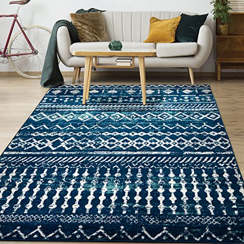 Antep Rugs Bohemian 5x7 Geometric Indoor Area Rug Phoenix, 5'3" x 7', Navy Blue