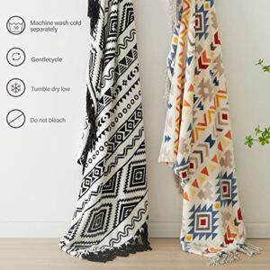 CASAAGUSTO Boho Throw Blanket - Black and White Decorative Blankets with Tassel, Printed Flannel Bohemian Throw Blanket for Chair, Bed, Sofa, Couch(50 * 60, Black and White)